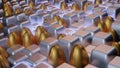 3D rendering of cubical and oval silver and golden tiles of different lengths
