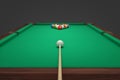 3d rendering of a cue stick ready to hit a single ball facing many other balls forming a triangle. Royalty Free Stock Photo