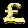 3D rendering of the currency symbol British pound or Lira, golden, isolated on black background