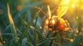 Close-up of a beautiful firefly on the grass at sunset. Royalty Free Stock Photo