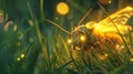 Firefly on green grass in the garden at sunset, close-up. Royalty Free Stock Photo