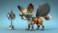 a 3d rendering of a cute little fox next to an old fashioned lamp. generative ai
