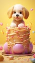 3d rendering of a cute puppy sitting on a birthday cake decorated with chocolate.