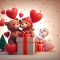 A 3D rendering of a cute scene featuring two teddy bears in love, a boy and a girl, sitting amidst a romantic setting