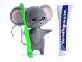 3D rendering of a cute smiling mouse holding giant toothbrush