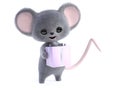 3D rendering of a cute smiling mouse holding gift