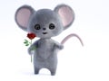 3D rendering of a cute smiling mouse holding rose