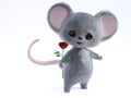 3D rendering of a cute smiling mouse holding rose