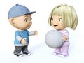 3D rendering of a cute toddler boy and girl playing ball. Royalty Free Stock Photo