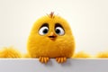 3d rendering of a cute yellow chick peeking out from behind a white board