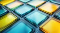 3D rendering of cyan and yellow glass squares on a dark pic