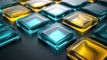 3D rendering of cyan and yellow glass squares on a dark pic