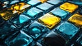 3D rendering of cyan and yellow glass squares on a dark pic