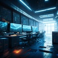 3D rendering of a cyber security room with computer monitors and screens AI Generated Royalty Free Stock Photo