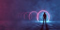 3d rendering of cyber space, a lonely person in front of a lot of red neon circles portal, teleport in fog, smoke. Surreal, Royalty Free Stock Photo