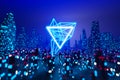 Cyberpunk cityscape night scene with triangle geometry neon light