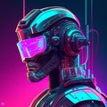 3d rendering of cyborg robot with virtual reality headset in neon light AI generated Royalty Free Stock Photo