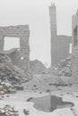 3d rendering of damaged street with pile of rubble and leftover brick walls. Selective Focus