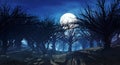 3d rendering of dark horror landscape with misty forest and big moon Royalty Free Stock Photo