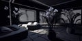 3D rendering of a dark living room with white orchids in pots, cracked floor and white walls with glowing lines in a contemporary