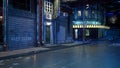 3D rendering of a dark seedy cyberpunk city street in a dystopian future at night