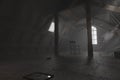 3d rendering of darken empty attic with aged stuff and mystic light through windows Royalty Free Stock Photo