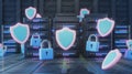 3D rendering of a data center with digital shields and padlocks symbolizing data security, cyber protection, digital safety, data