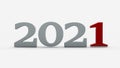 3D rendering of the date 2021. The text is white, the unit is red. The image is isolated on a white background. Illustration for