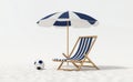 A 3D rendering of a deck chair and umbrella situated on a sandy beach, symbolizing the concept of vacations Royalty Free Stock Photo