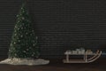 3d rendering of decorated christmas tree next to wooden sledge filled with gifts