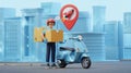 Fast Delivery Service Scooter Delivery Man with Package Cityscape Background AI generated. Royalty Free Stock Photo