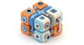 A 3D rendered abstract cube structure with orange and blue cubes forming an intricate pattern with pipes and valves attached in a Royalty Free Stock Photo