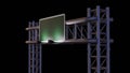 Green rectangular signboard with silver trim, fixed to a metal overhead steel structure