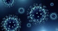Microscopic view of blue spherical viruses with spike proteins against a dark blue background Royalty Free Stock Photo