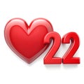 Red Heart Symbol and Number Twenty Two on White number 22 Royalty Free Stock Photo