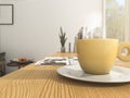 3d rendering depth of field yellow coffee cup with some white smoke on the wood working table Royalty Free Stock Photo
