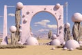 a 3d rendering of a desert scene with a pink arch