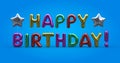 3d rendering design of a happy birthday banner with colorful balloons on a blue background Royalty Free Stock Photo