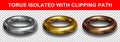 3d rendering design. New torus logo on white background with clipping path. Set of realistic ring in silver, bronze, gold metal.