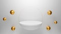 3d rendering design. 3d white podium abstract background with flying geometric shapes for banner, display on website. Half sphere