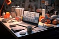 3d rendering of a desktop with a laptop and some office items, 3d render of working space with computer, laptop, coffee cup and