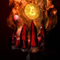 3D Rendering of a Devil Hand Burns a Golden Bitcoin with Hot Flame