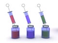 3D Rendering of different colored syringes and serum bottles Royalty Free Stock Photo