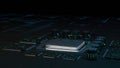 3D Rendering of digital binary data on microchip with glow circuit board background. Royalty Free Stock Photo