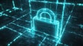 3D rendering of a digital padlock with glowing cyan and pic