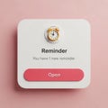 3D Rendering of a Digital Reminder Notification with an Alarm Clock Icon and Open Button Royalty Free Stock Photo