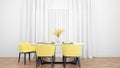 3D rendering of a dining room with yellow chars on a wooden floor against a white curtain Royalty Free Stock Photo