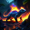 3D rendering of a dinosaur in a fantasy environment with a man AI Generated