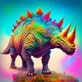 3d rendering of a dinosaur stegosaurus on a rainbow background AI generated