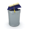 3D Rendering of diploma and graduation hat in a garbage can